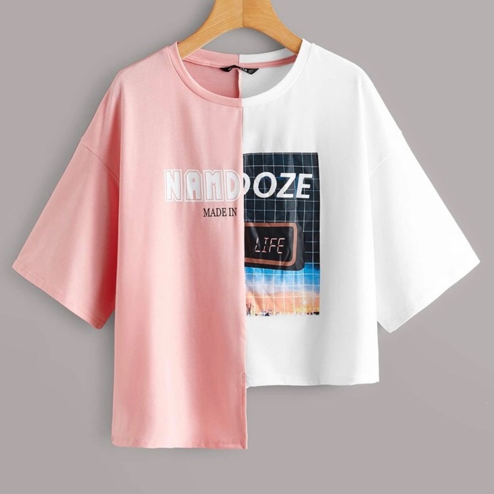 SOLD SHEIN Colorblock Namdoze Graphic Step-Hem Tee - Picture 1 of 7